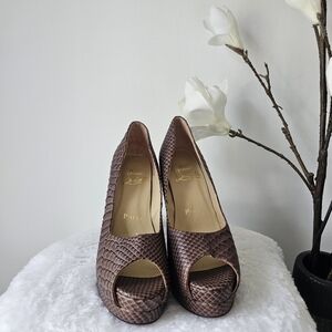 Christian Louboutin Brown Python Embossed Leather Peep Toe Pumps